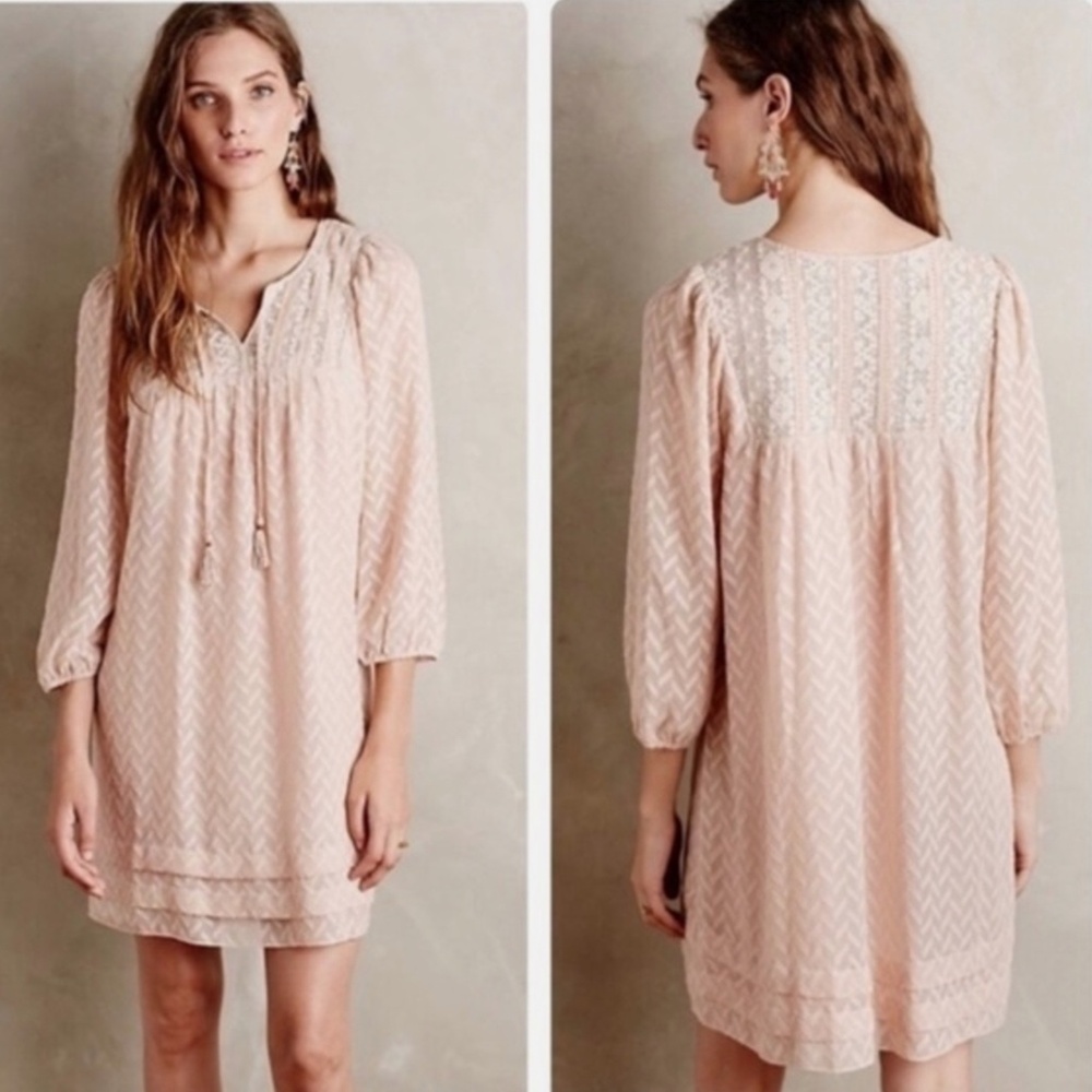 Anthropologie One September Anwen Pink Peasant Boho Bead Embroidered Dre…